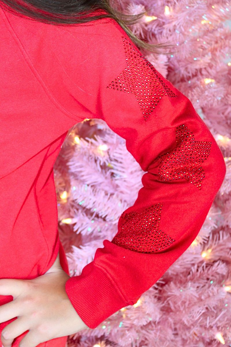 Rhinestone Crop Stars Sweatshirt | Red