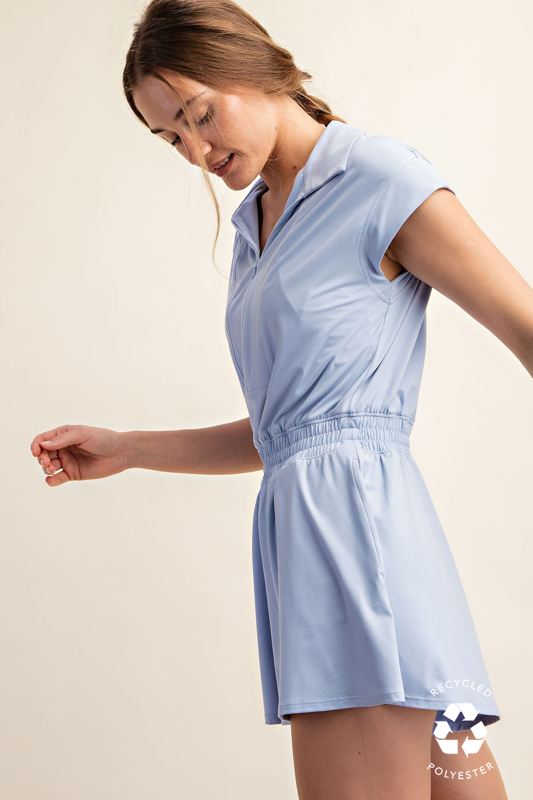 *PREORDER* Butter Soft Collar Tennis Romper | Pastel Blue & True Red