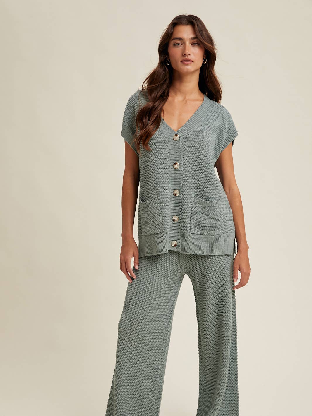 Waffle Knit Button-Up Vest and Pant Set | Steele Blue