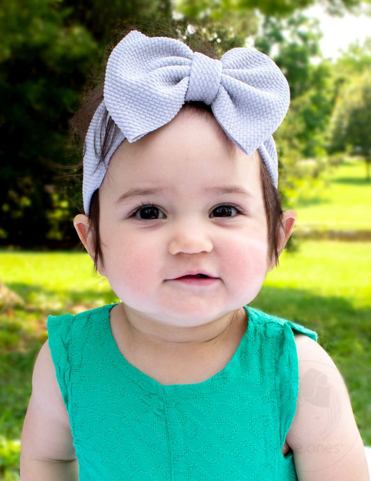 Soft Solid Rippled-Textured Large Baby Girls Bowtie on Matching Wide Band | Off White