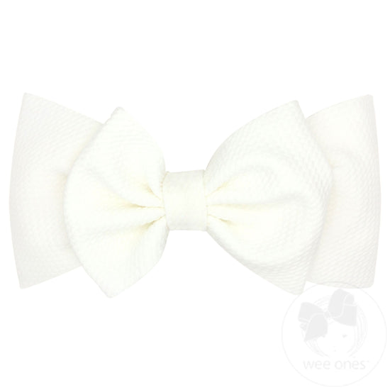 Soft Solid Rippled-Textured Large Baby Girls Bowtie on Matching Wide Band | Off White