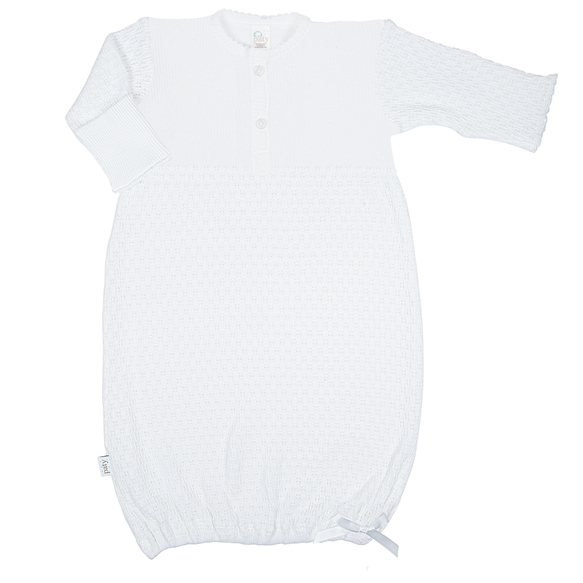 Long Sleeve Day Gown w Buttons | White w White Trim