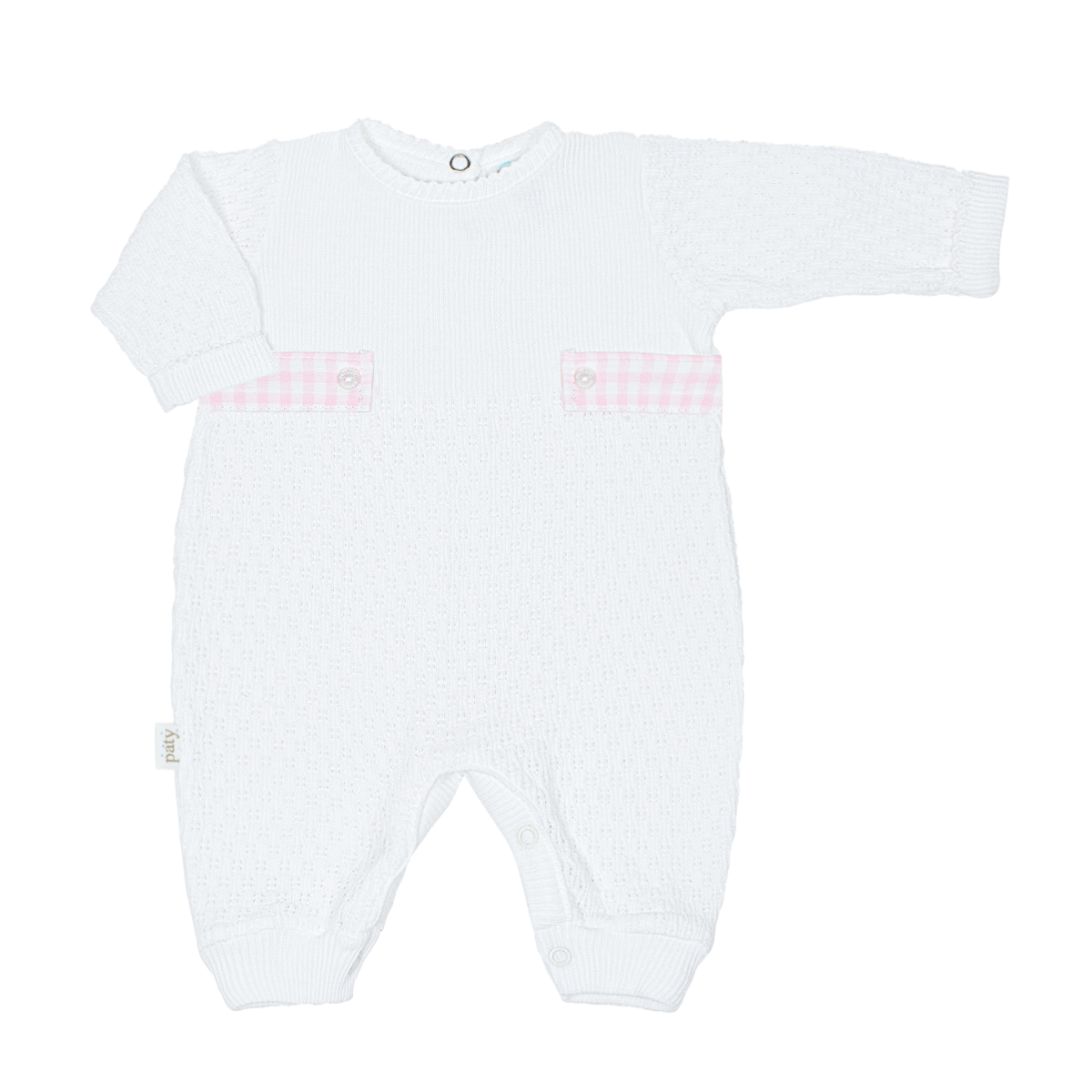 Knit Long Sleeve Romper with Gingham Tabs | Pink