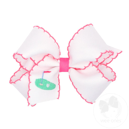 Medium Grosgrain Hair Bow with Moonstitch Edge | Golf Green Embroidery