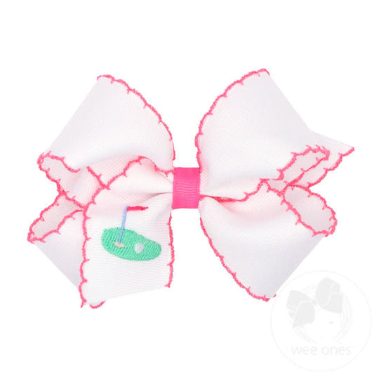 Medium Grosgrain Hair Bow with Moonstitch Edge | Golf Green Embroidery
