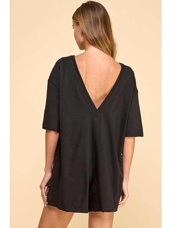 Round Neckline Side Pockets Loose Fit Romper | Black