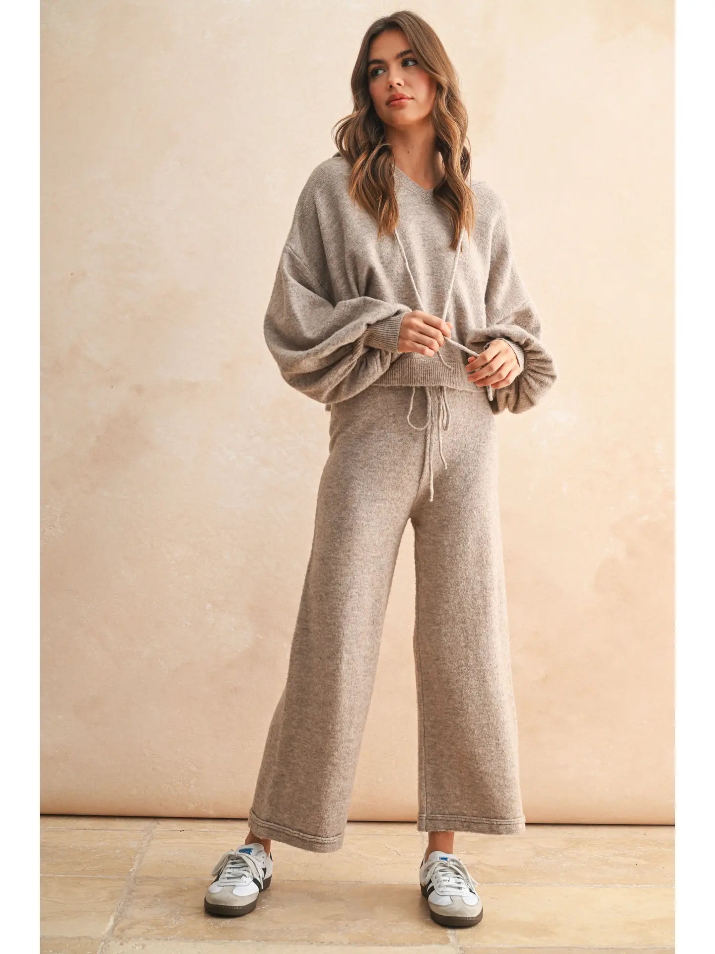 Two Tone Ribbed Waist Band Sweater Set | Oatmeal