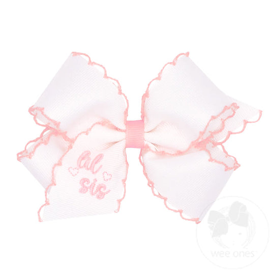 King "Lil Sis" Embroidered Grosgrain Hair Bow with Light Pink Moonstitch Edge
