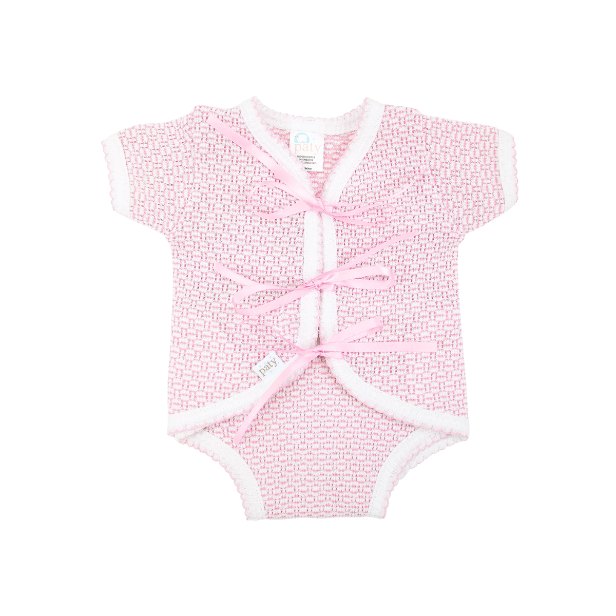 Paty Knit Ribbon Tie Onesie with Built-In Diaper Cover | Pink