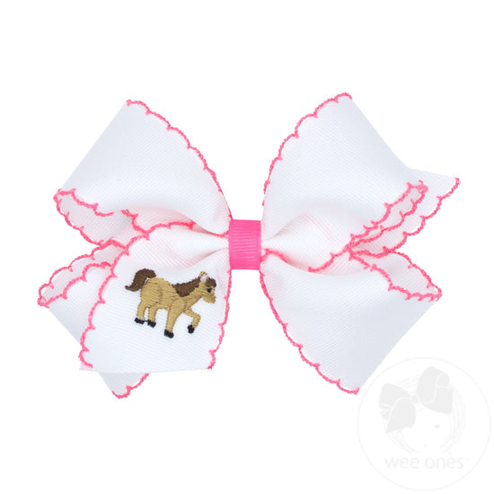 King Grosgrain Hair Bow with Moonstitch Edge and Horse Embroidery