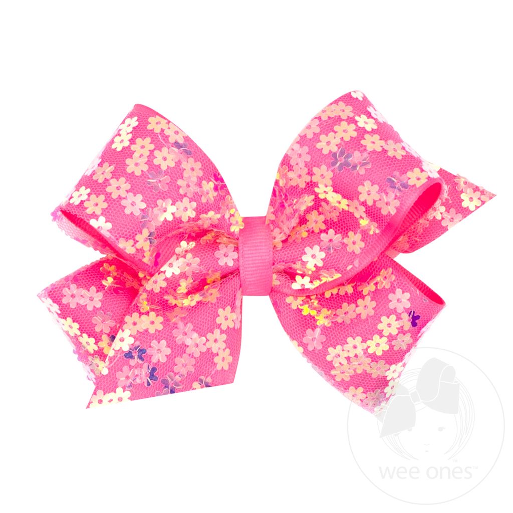 Medium Flower Sequin Tulle Overlay Grosgrain Hair Bow | Pink