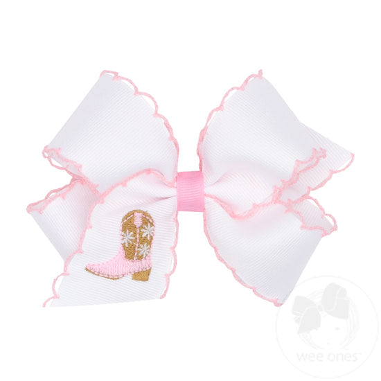 Medium Grosgrain Hair Bow with Moonstitch Edge and Pink Cowgirl Boot Embroidery | Pink