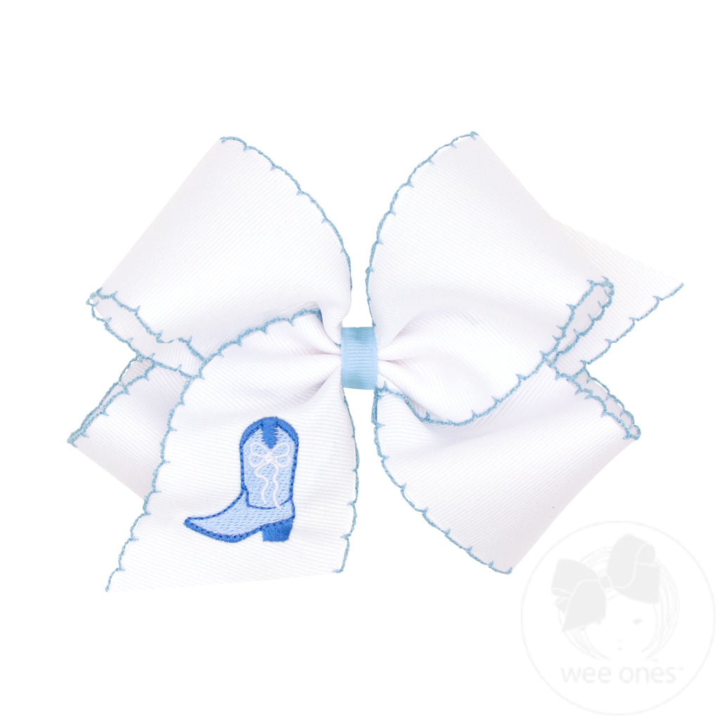 King Grosgrain Hair Bow with Moonstitch Edge and Blue Cowgirl Boot Embroidery | Blue