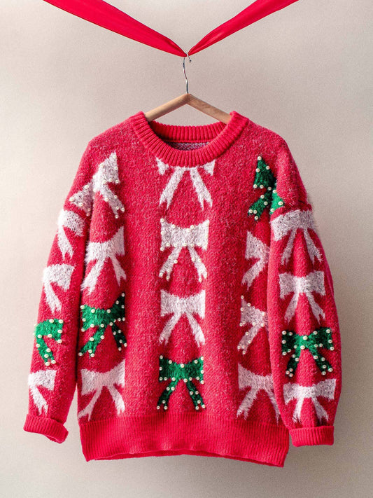 Holiday Bow Knit Sweater | Pearl Embellished |Relaxed Fit