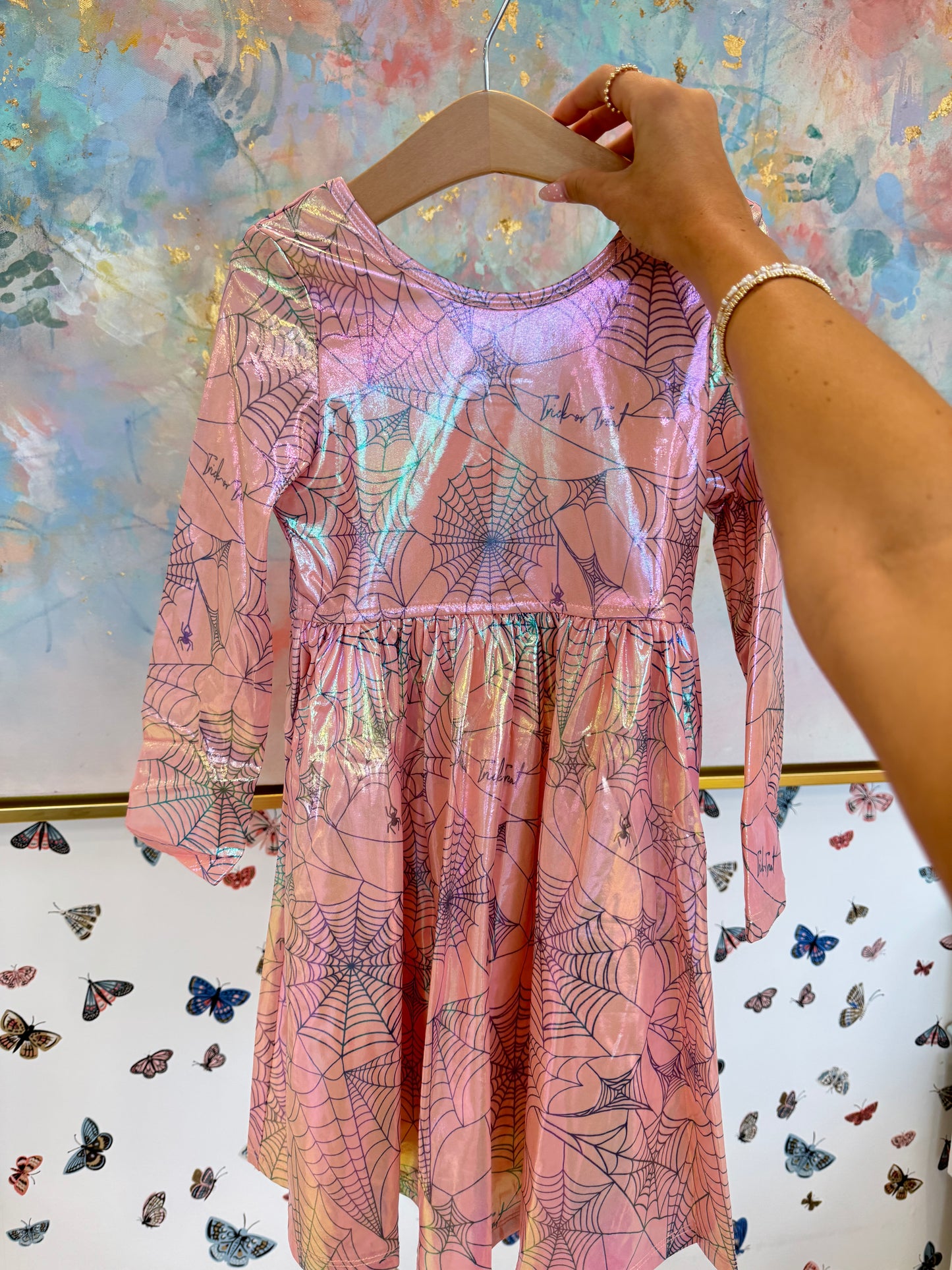 GIRLS LAME STEPH DRESS || PINK SPIDER WEB