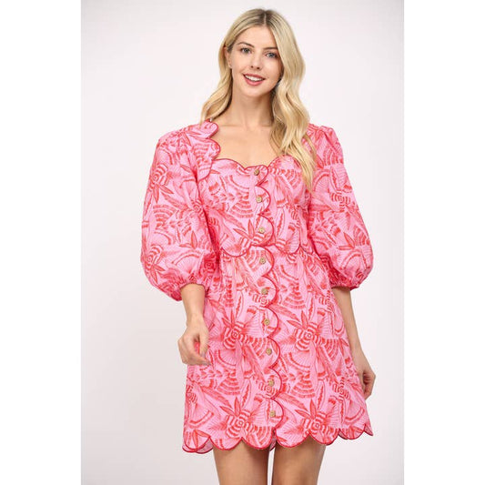 Scallop Square Neck Button Front Dress