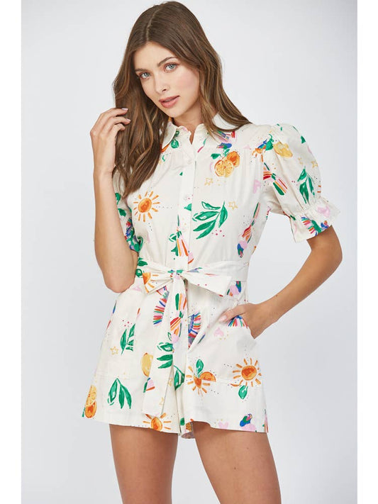 Puff Sleeve Romper w Waist Tie | Cream Multi