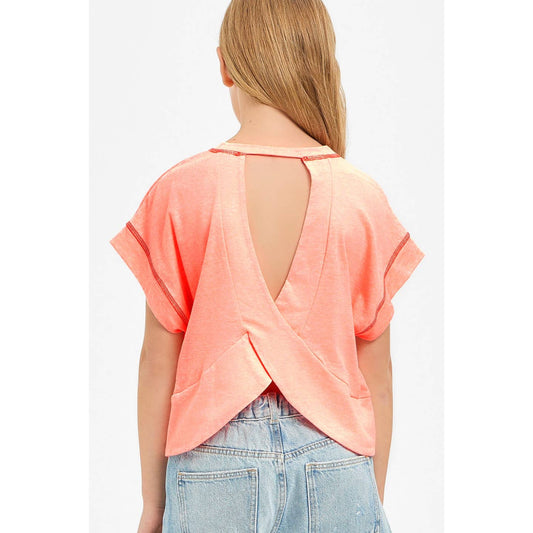Slouchy Wrapped Cutout Back Tee | Neon Coral