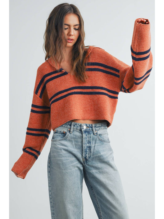 Stripe Crop Collar Sweater | Rust and Navy