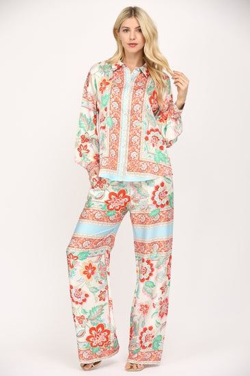 Scarf Print Satin Button Down Set