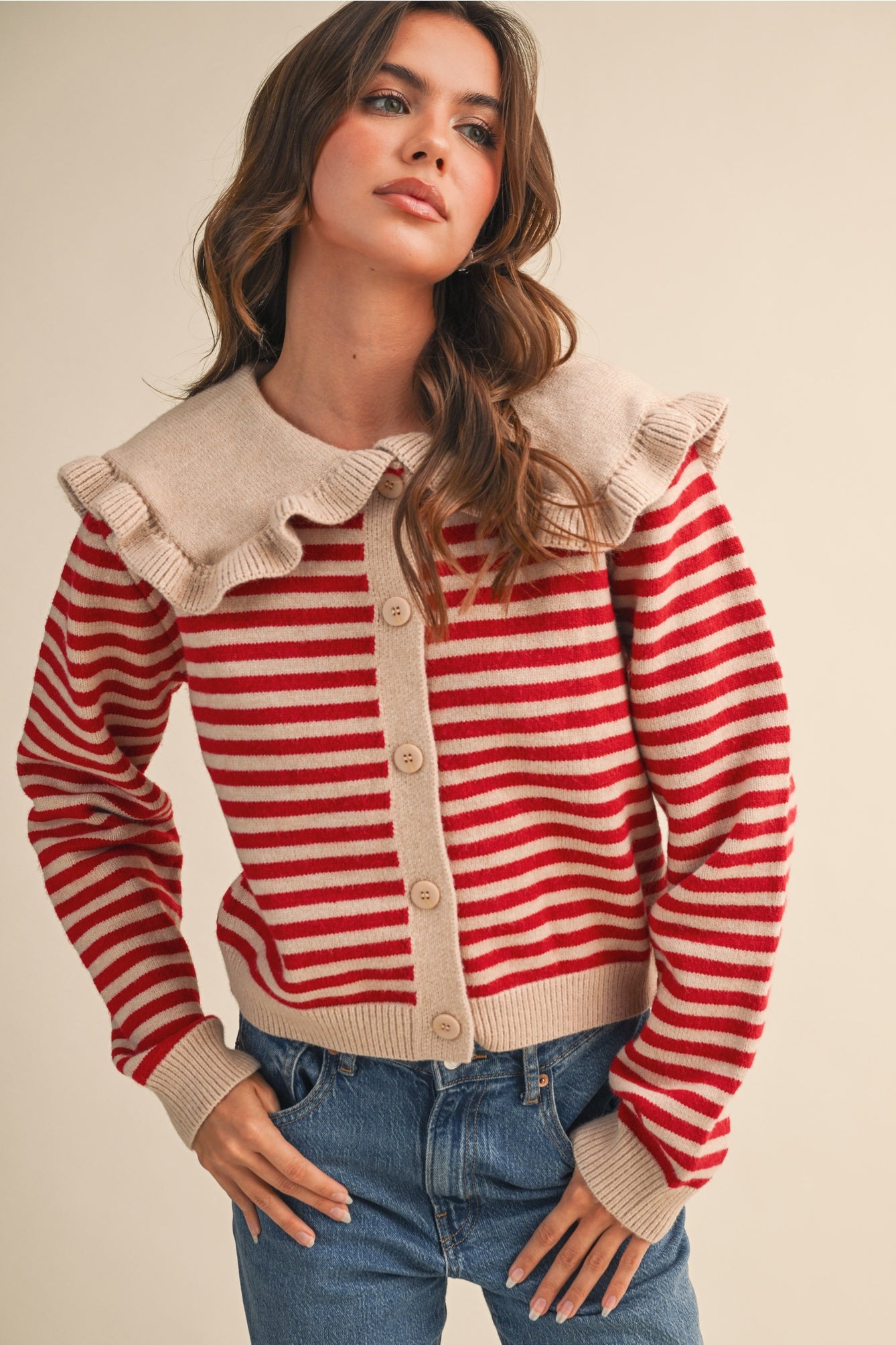 Ruffled Collar Striped Sweater Cardigan
