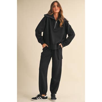 Oversized Collar Sweatshirt and Jogger Pants Set | Black