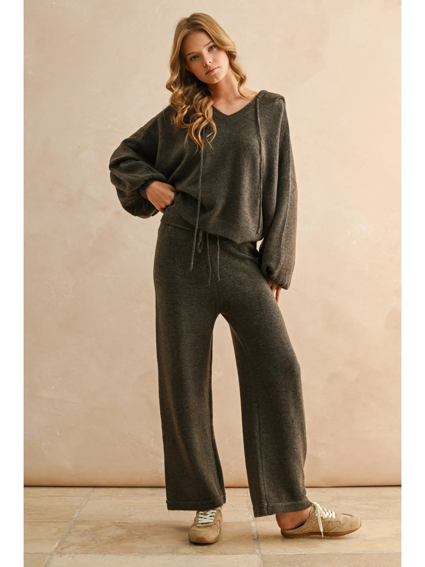 Two Toned Ribbed Waist Band Sweater Set | Chocolate