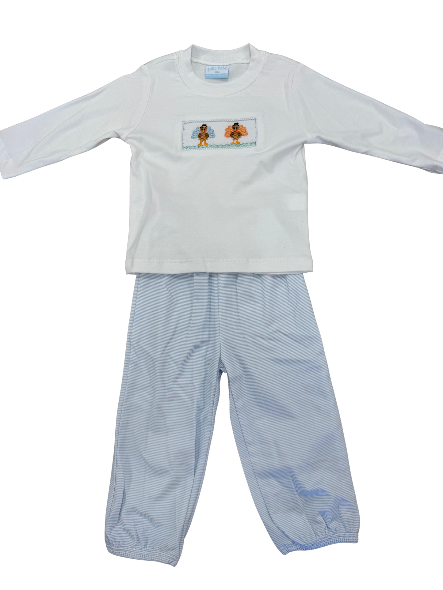 Smocked Turkey | Blue Knit Long Sleeve Set