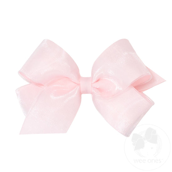 Medium Organza and Grosgrain Overlay Hair Bow | Powder Pink