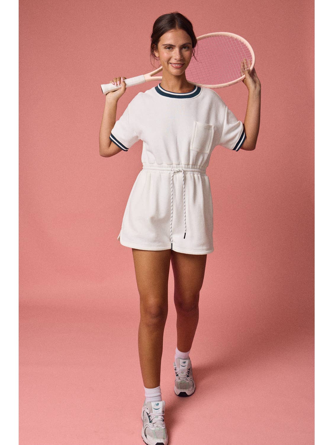 Varsity Trim Drawstring Romper | White