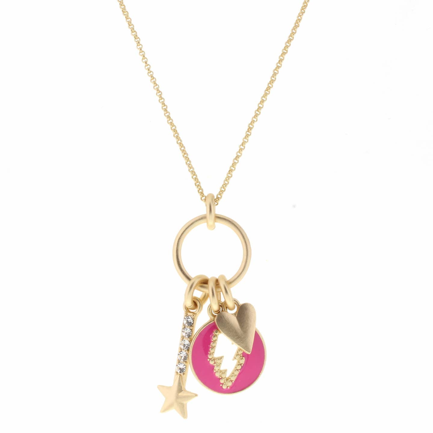 Kids Gold Ring with Pink Bolt, Heart, Star Charms Necklace