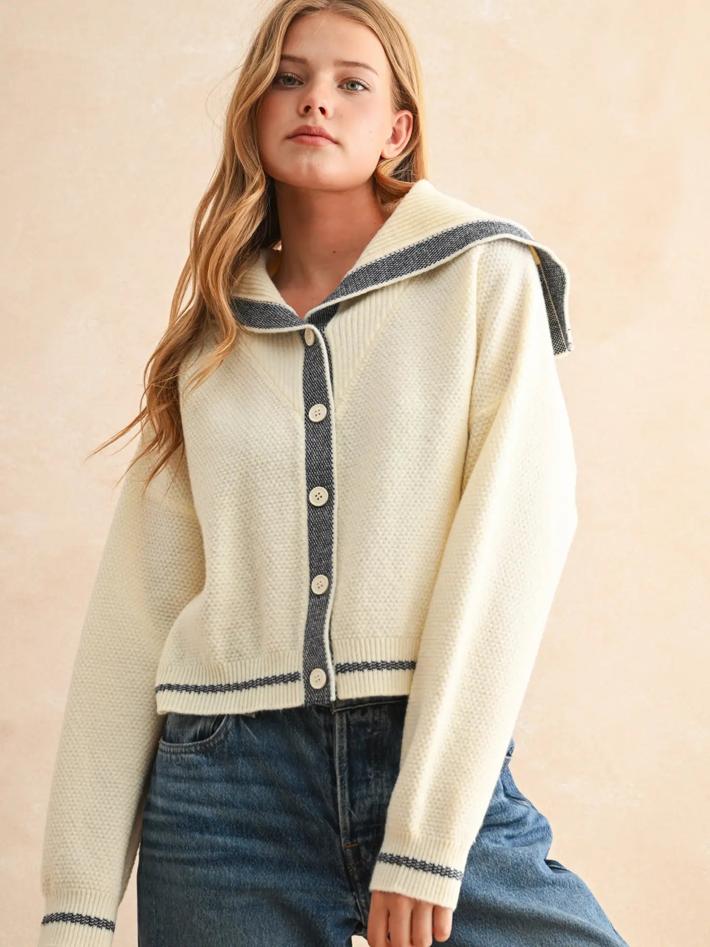 Color Contrast Sailor Style Sweater Cardigan