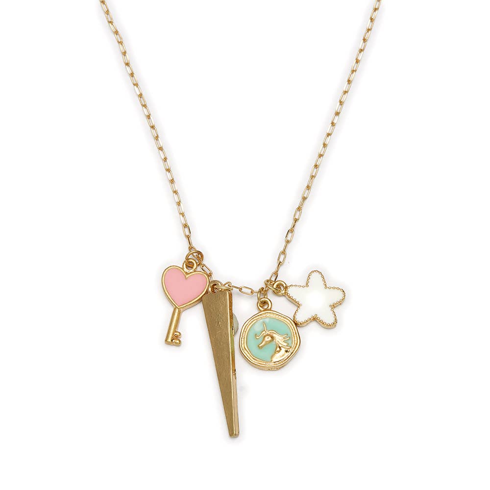Kids 14" Pink Key, Unicorn, Star Charm Cluster Necklace