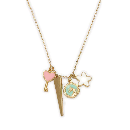 Kids 14" Pink Key, Unicorn, Star Charm Cluster Necklace