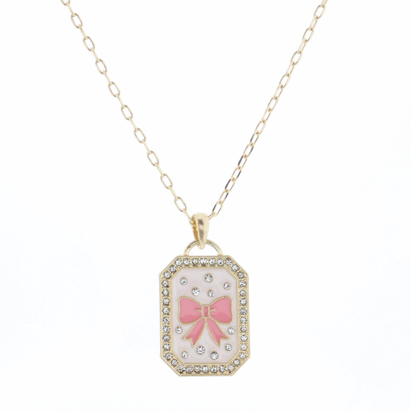 Kids 14" Light Pink Enamel with Crystals & Pink Bow Necklace