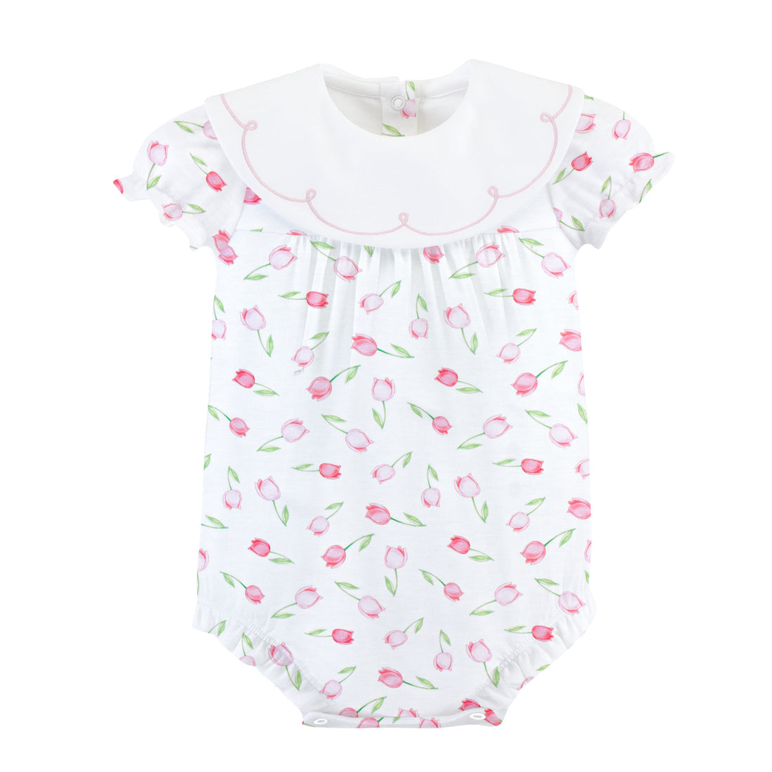 Embroidered Printed Bib Bubble | Baby Tulips Pink