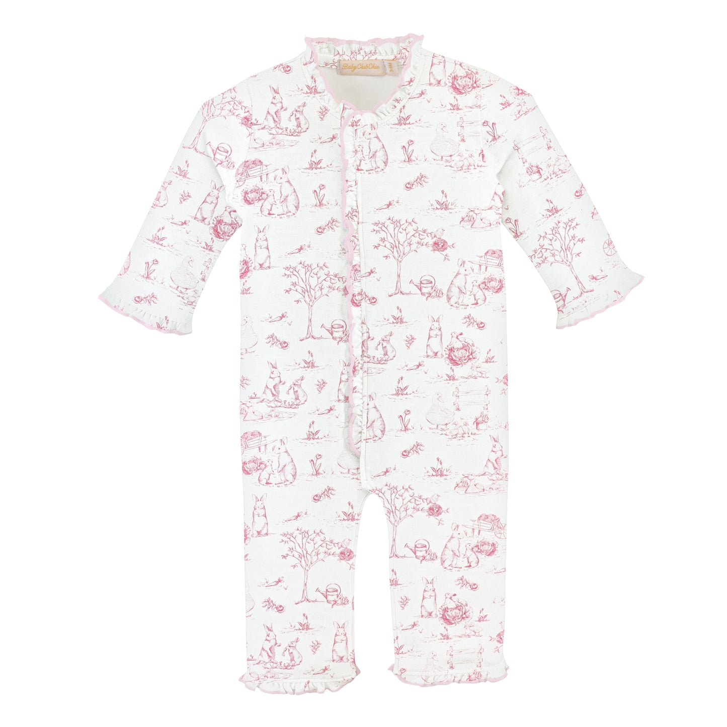 Printed Coverall w/ Ruffles | Pink Toile Bunnies