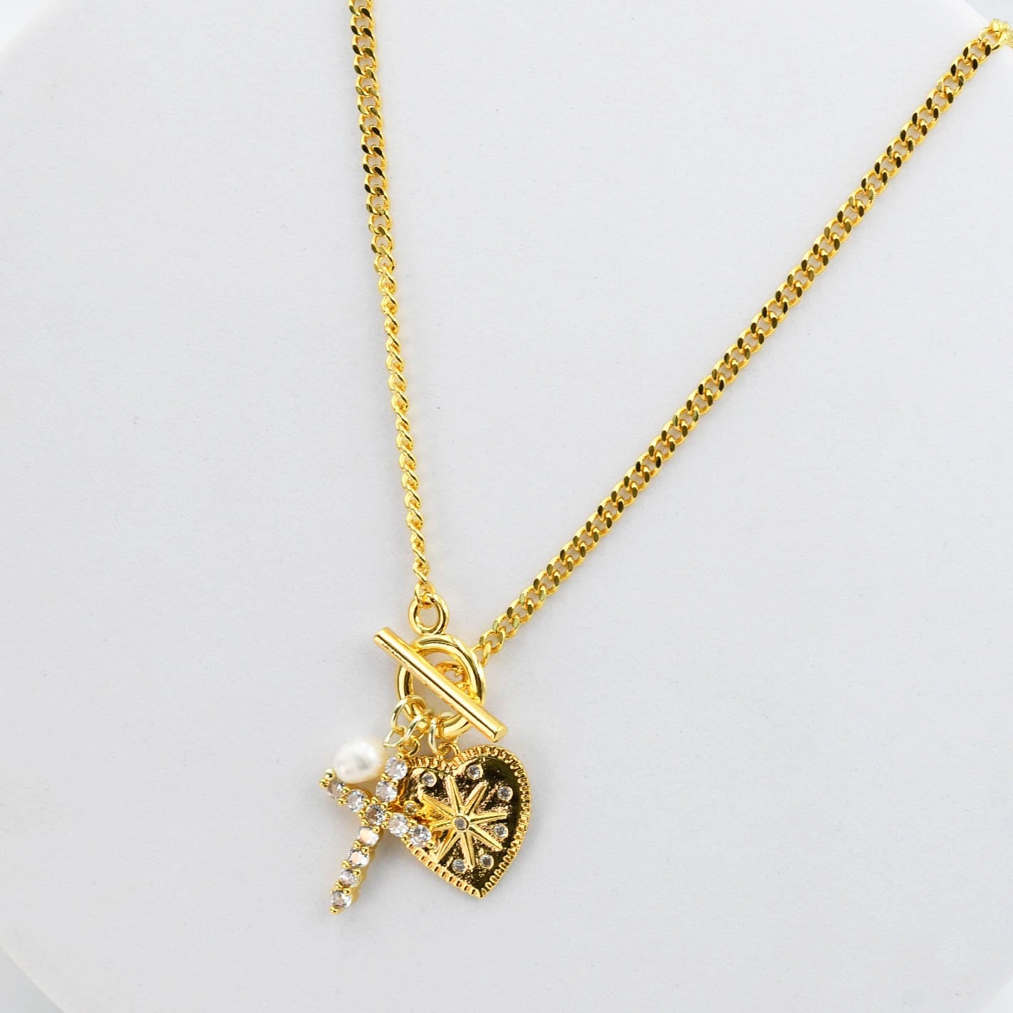 Crystal Heart Cross Charms Necklace