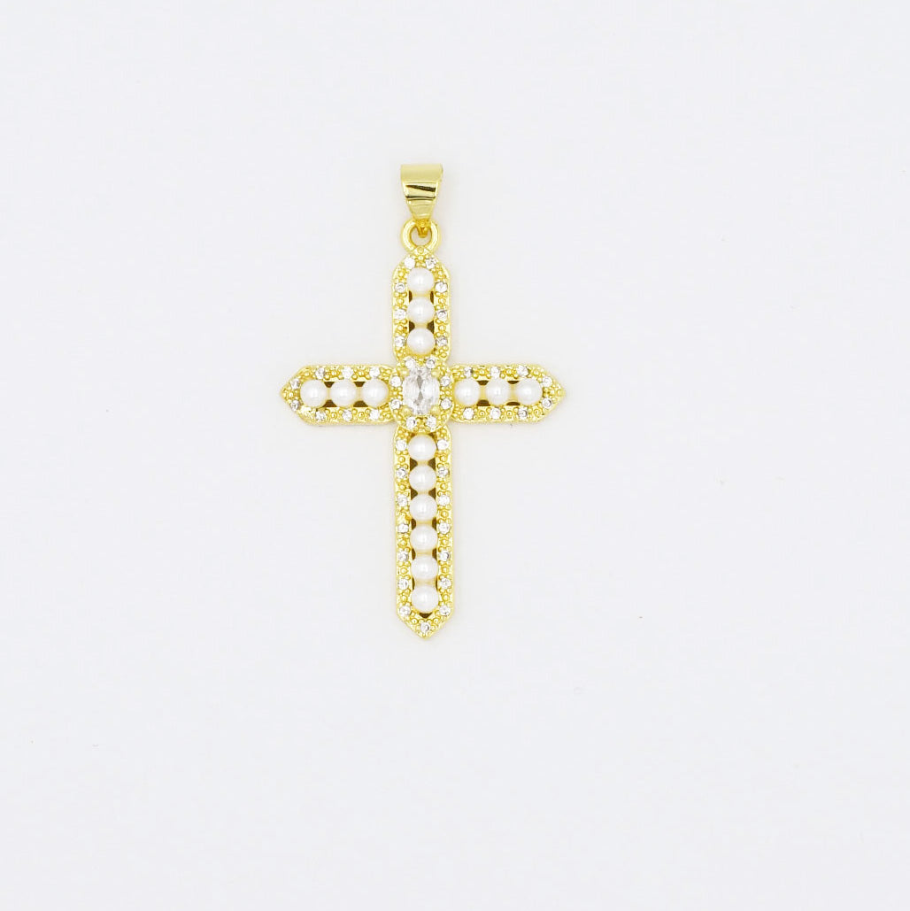 Pearl Gem Cross Charm | Crystal