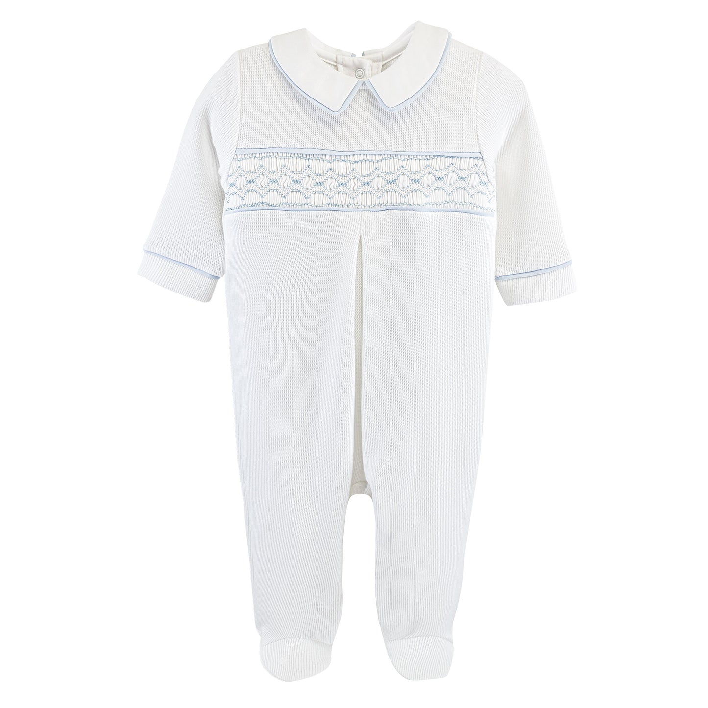 English Knot Smocked Collared Footie | White w/ Light Blue Trim