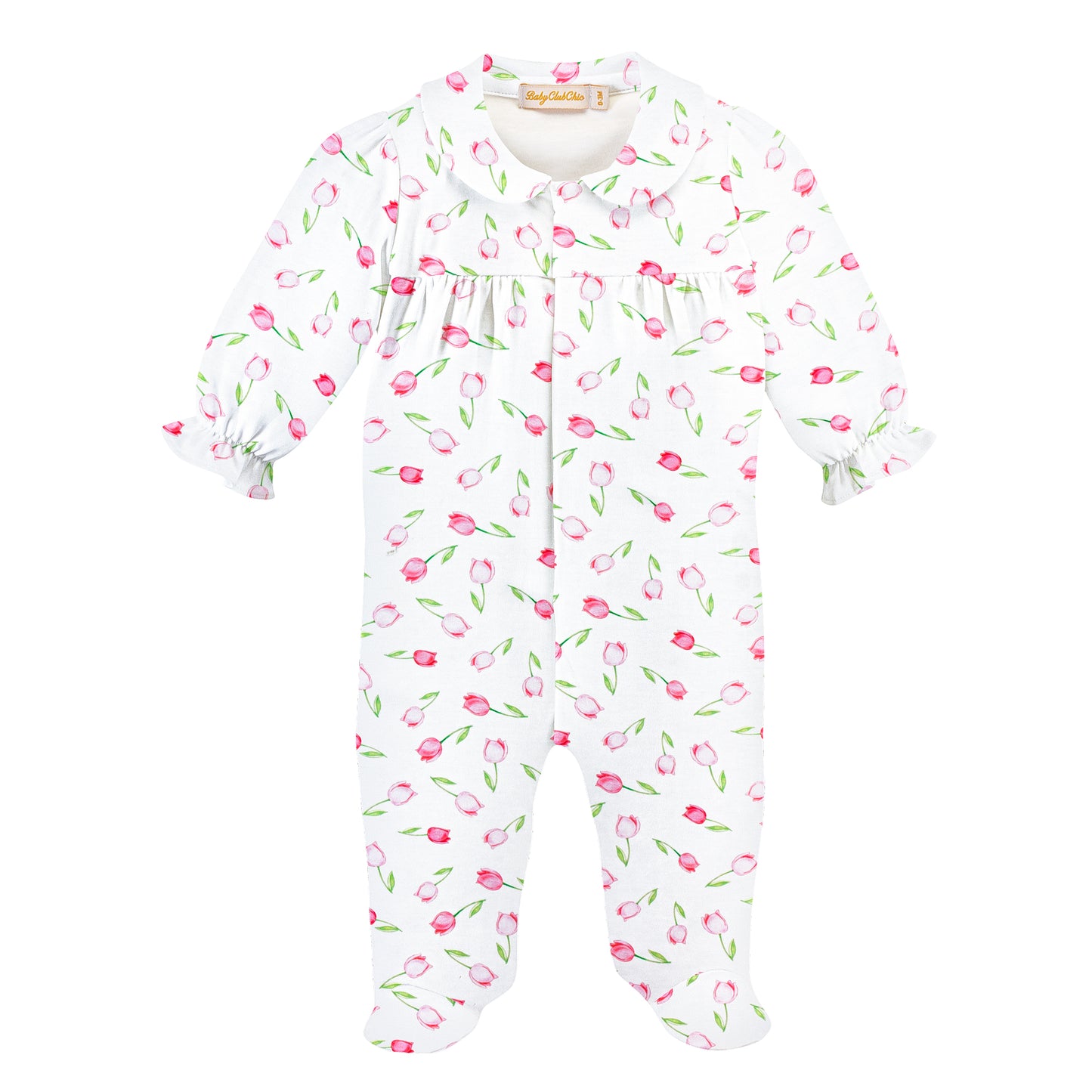 Printed Footie w/ Round Collar | Pink Baby Tulips