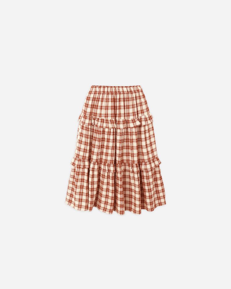 RUFFLED MIDI SKIRT || RED PLAID