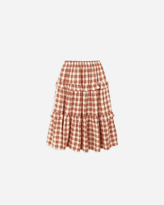 RUFFLED MIDI SKIRT || RED PLAID