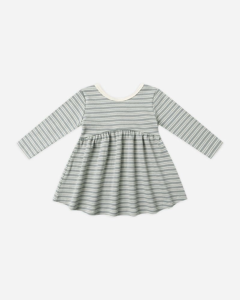 RIBBED LONG SLEEVE DRESS || STEEL BLUE MICRO STRIPE