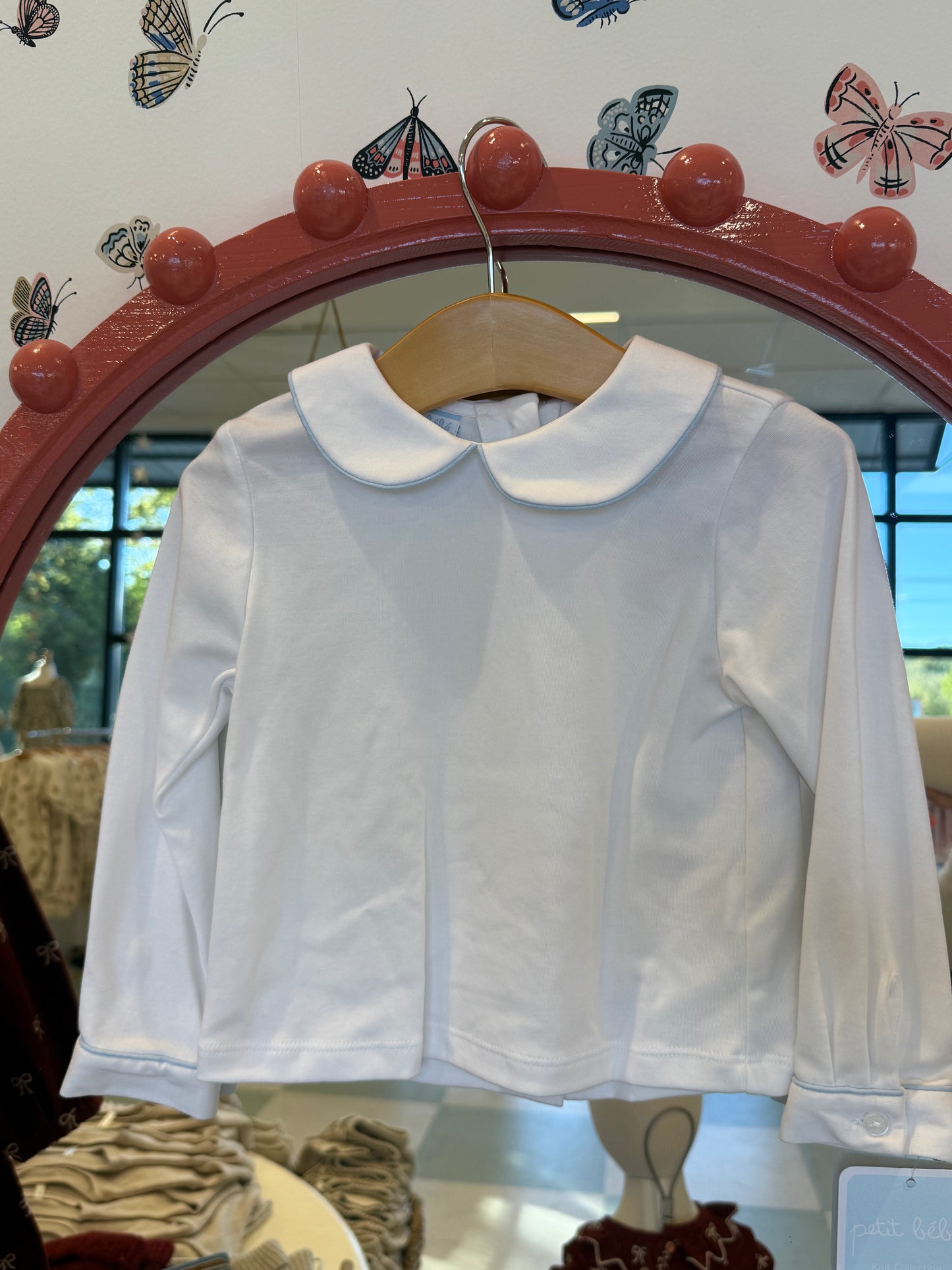 White Knit Shirt With Blue Pipping