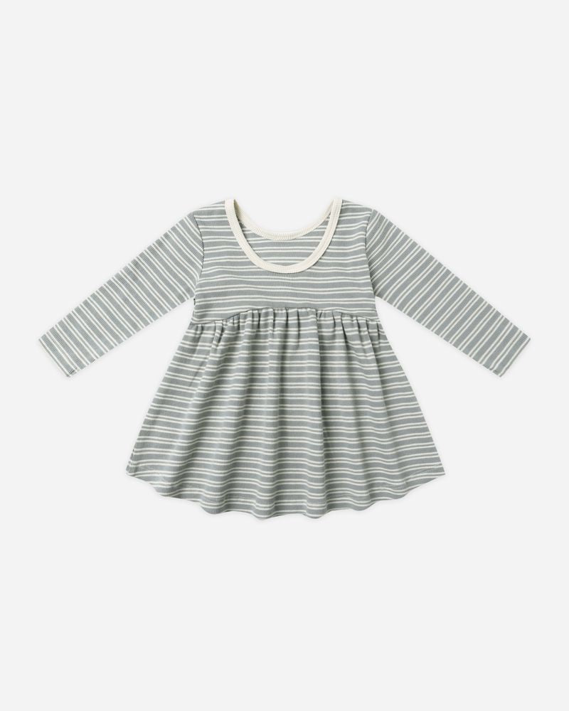 RIBBED LONG SLEEVE DRESS || STEEL BLUE MICRO STRIPE