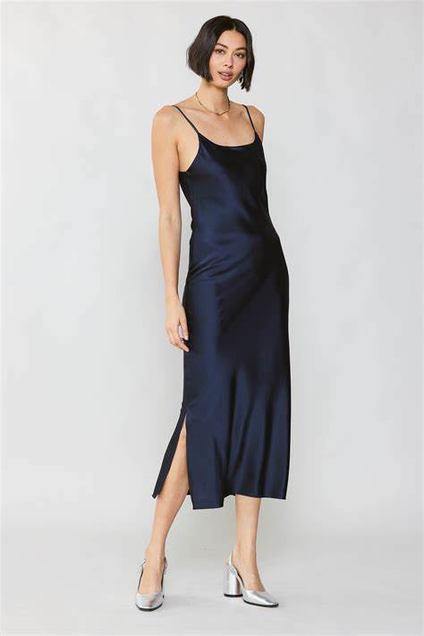 Silk Spaghetti Strap Black Slip Dress with Slit