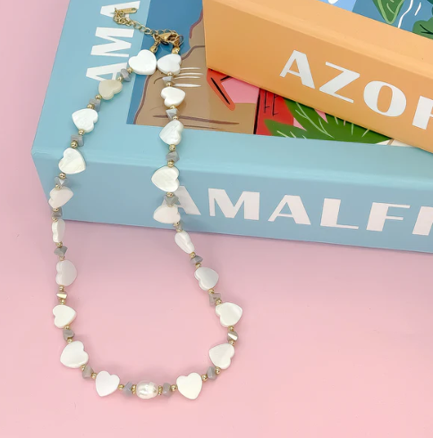 Multi Heart Stone Necklace | White and Gray