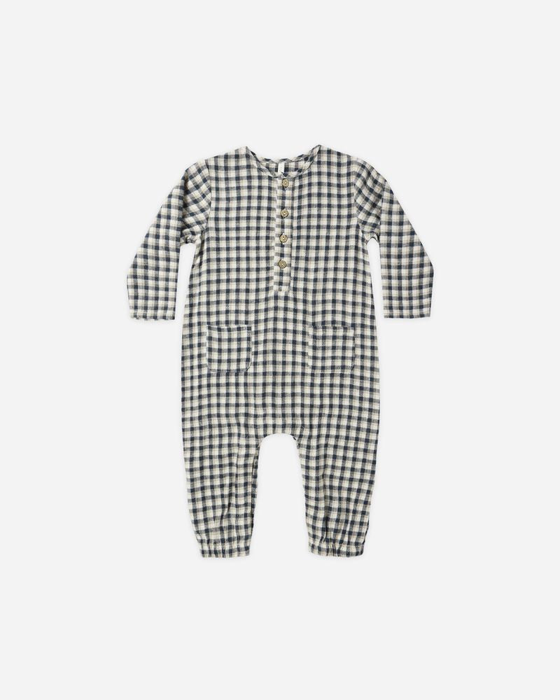 LONG SLEEVE WOVEN JUMPSUIT || NAVY CHECK