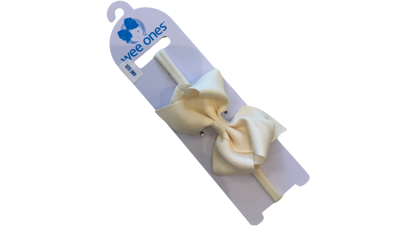 Mini Grosgrain Girls Hair Bow on a Soft Elastic Baby Band | Cream